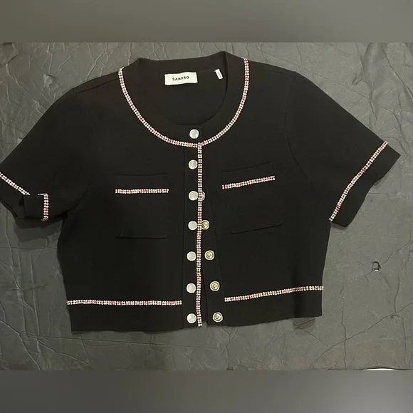 Sandro pink crystal-black embellished cropped cardigan size small - Picture 4 of 16